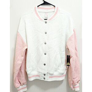 No Boundaries Pink Varsity Jacket White Fleece Sweatshirt Button Down NWT